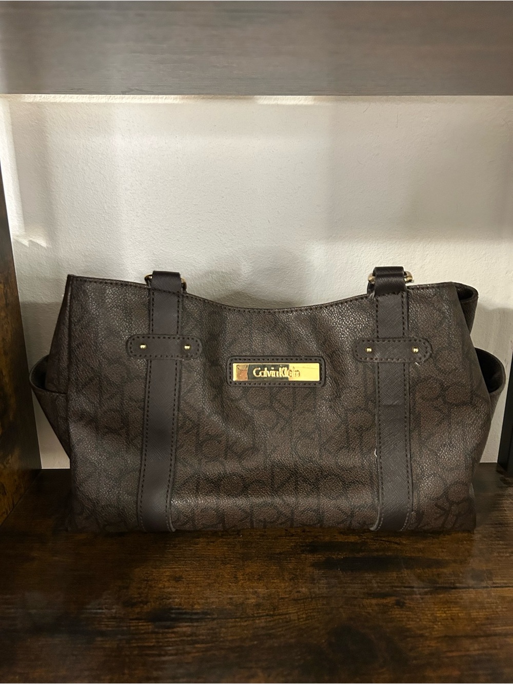 Calvin Klein Dark Brown Monogram Tote with Gold Plate